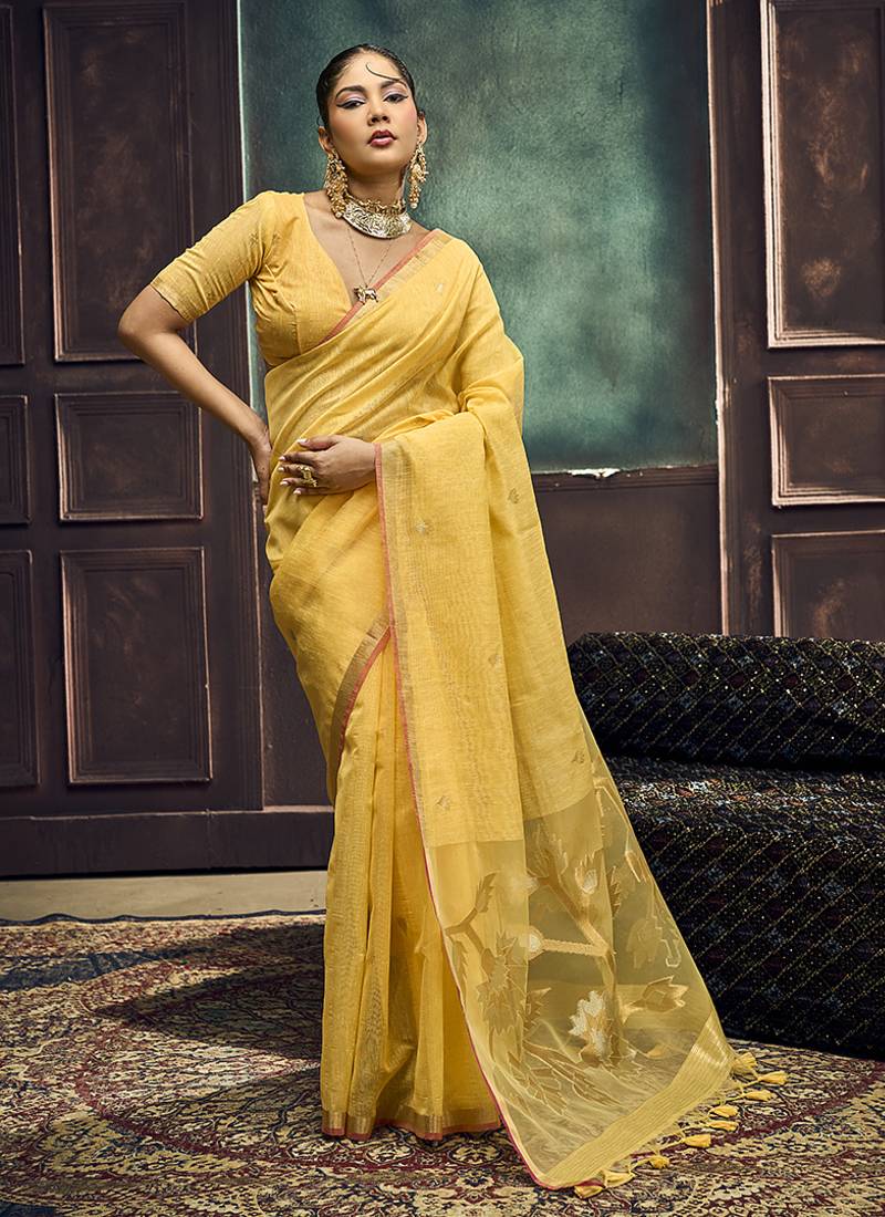Yellow linen silk blend saree with gold zari border & floral pallu