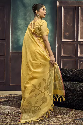 Yellow linen silk blend saree with gold zari border & floral pallu