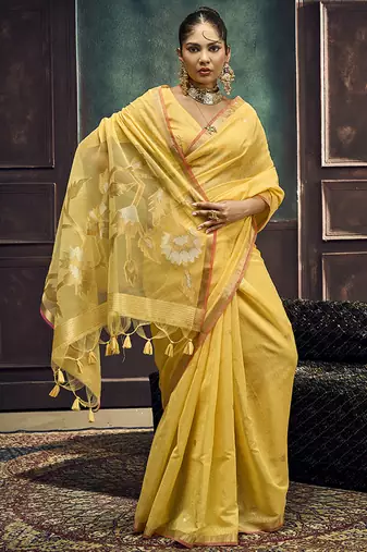 Yellow linen silk blend saree with gold zari border & floral pallu
