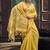Yellow linen silk blend saree with gold zari border & floral pallu