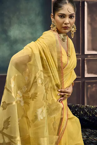 Yellow linen silk blend saree with gold zari border & floral pallu
