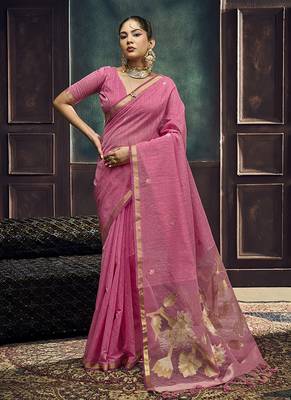 Pink linen silk blend saree with gold zari border & floral pallu 1
