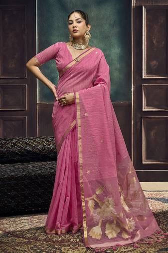 Pink linen silk blend saree with gold zari border & floral pallu