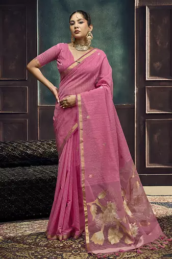 Pink linen silk blend saree with gold zari border & floral pallu