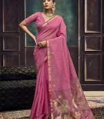 Pink linen silk blend saree with gold zari border & floral pallu