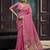 Pink linen silk blend saree with gold zari border & floral pallu