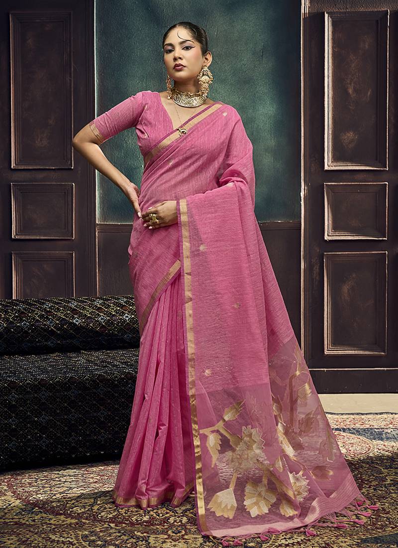 Pink linen silk blend saree with gold zari border & floral pallu