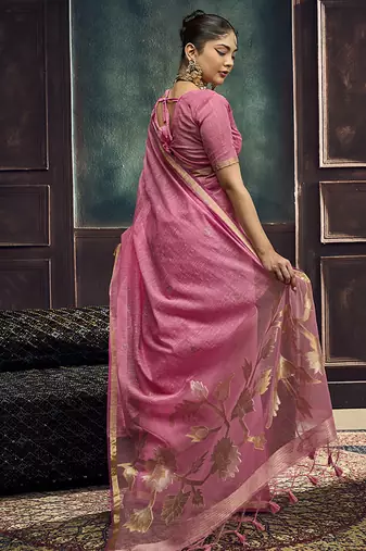 Pink linen silk blend saree with gold zari border & floral pallu