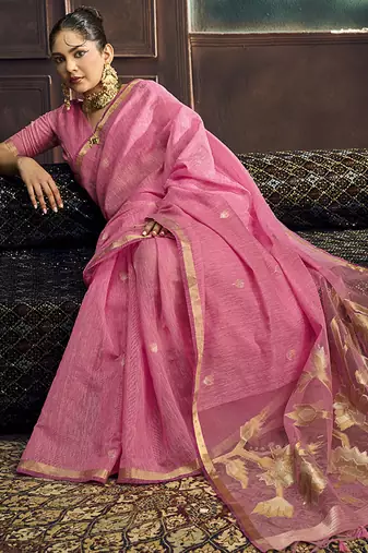Pink linen silk blend saree with gold zari border & floral pallu