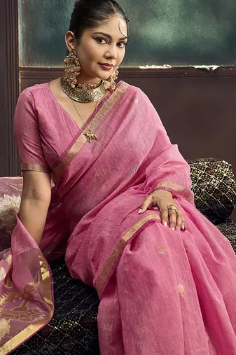 Pink linen silk blend saree with gold zari border & floral pallu