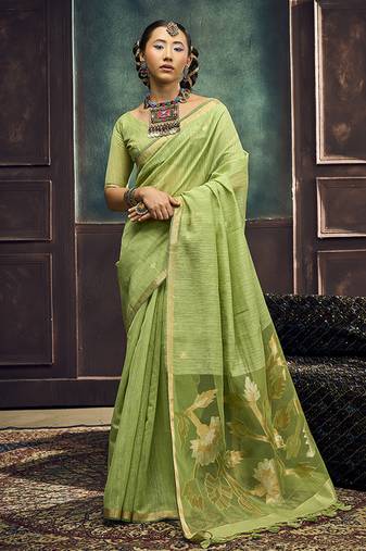 Light green linen silk blend saree with gold zari border & floral pallu