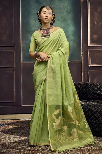 Light green linen silk blend saree with gold zari border & floral pallu