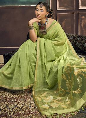 Light green linen silk blend saree with gold zari border & floral pallu 3