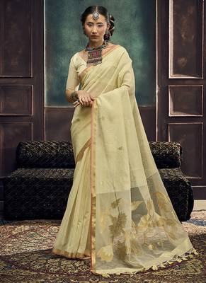 Cream linen silk blend saree with gold zari border & floral pallu 1