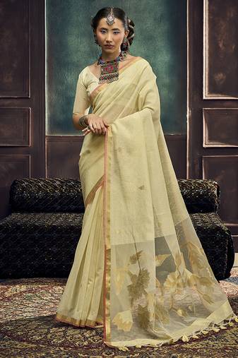 Cream linen silk blend saree with gold zari border & floral pallu