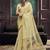 Cream linen silk blend saree with gold zari border & floral pallu
