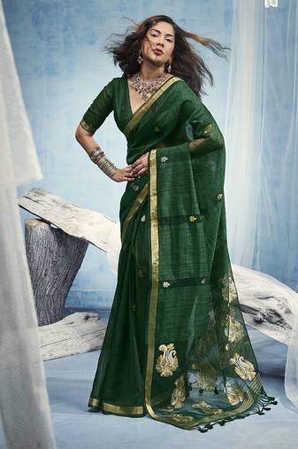 Dark green linen silk blend saree with gold zari border & floral woven pallu