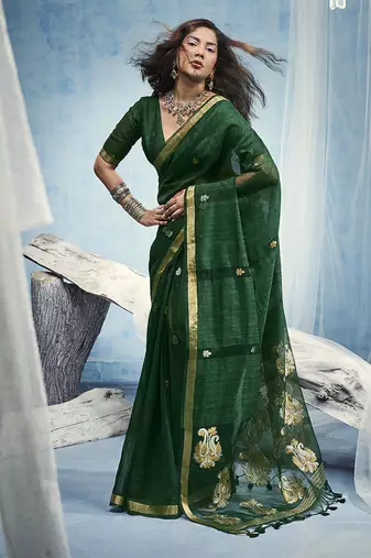 Dark green linen silk blend saree with gold zari border & floral woven pallu
