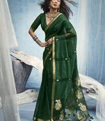 Dark green linen silk blend saree with gold zari border & floral woven pallu