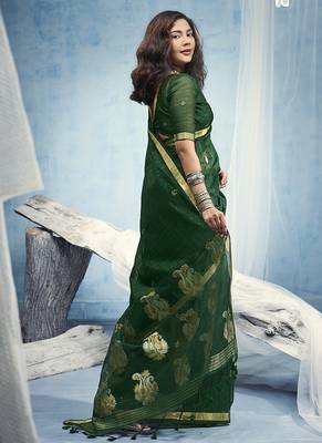 Dark green linen silk blend saree with gold zari border & floral woven pallu 2