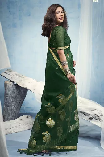 Dark green linen silk blend saree with gold zari border & floral woven pallu