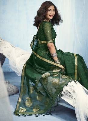 Dark green linen silk blend saree with gold zari border & floral woven pallu 3