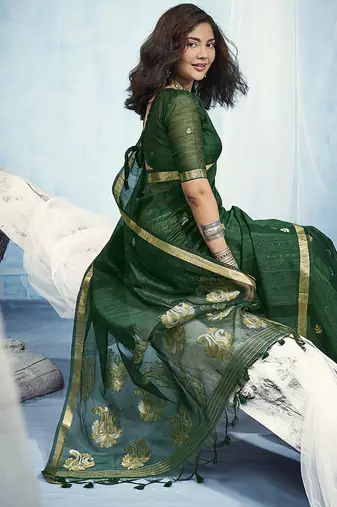 Dark green linen silk blend saree with gold zari border & floral woven pallu