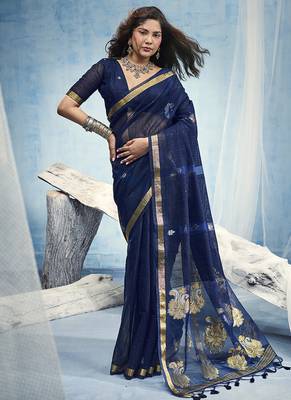 Navy blue linen silk blend saree with gold zari border & floral woven pallu 1