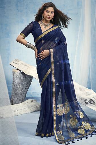 Navy blue linen silk blend saree with gold zari border & floral woven pallu