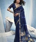 Navy blue linen silk blend saree with gold zari border & floral woven pallu
