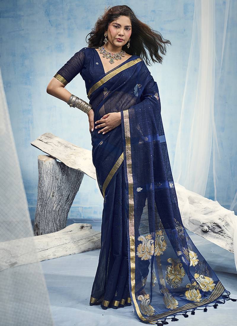 Navy blue linen silk blend saree with gold zari border & floral woven pallu