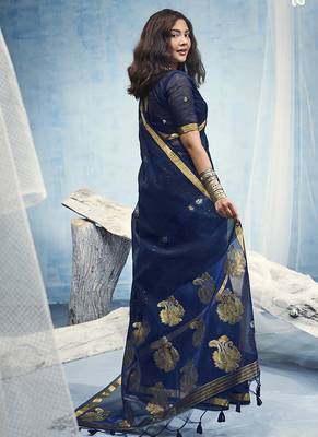 Navy blue linen silk blend saree with gold zari border & floral woven pallu 2