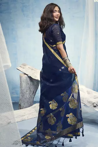 Navy blue linen silk blend saree with gold zari border & floral woven pallu