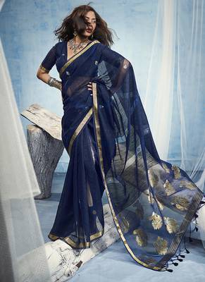 Navy blue linen silk blend saree with gold zari border & floral woven pallu 3