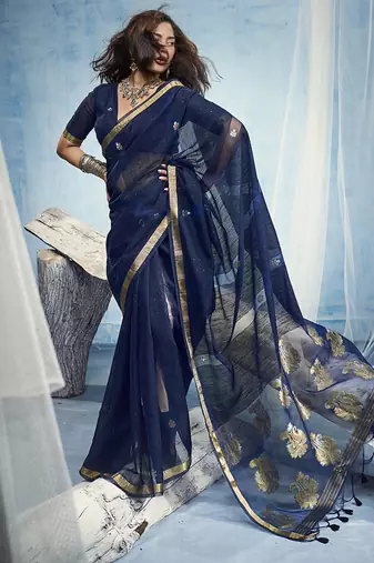 Navy blue linen silk blend saree with gold zari border & floral woven pallu