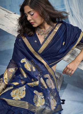 Navy blue linen silk blend saree with gold zari border & floral woven pallu 4