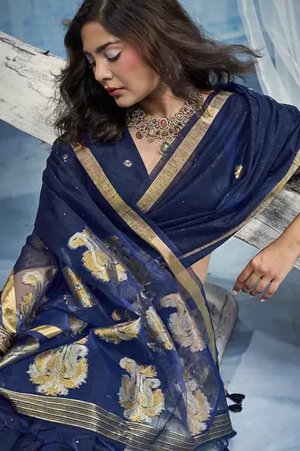 Navy blue linen silk blend saree with gold zari border & floral woven pallu