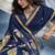 Navy blue linen silk blend saree with gold zari border & floral woven pallu