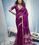 Magenta linen silk blend saree with gold zari border & floral woven pallu