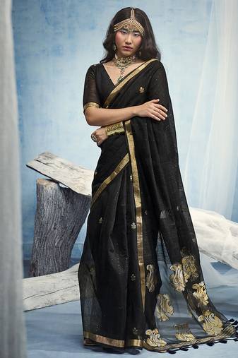 Black linen silk blend saree with gold zari border & floral woven pallu