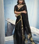 Black linen silk blend saree with gold zari border & floral woven pallu