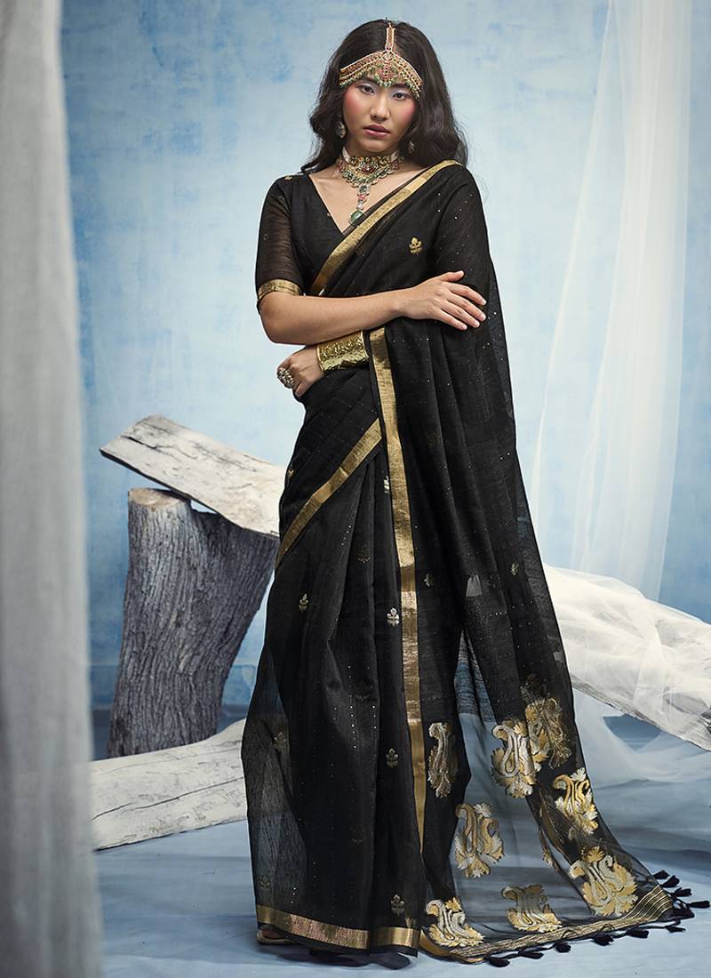 Black linen silk blend saree with gold zari border & floral woven pallu