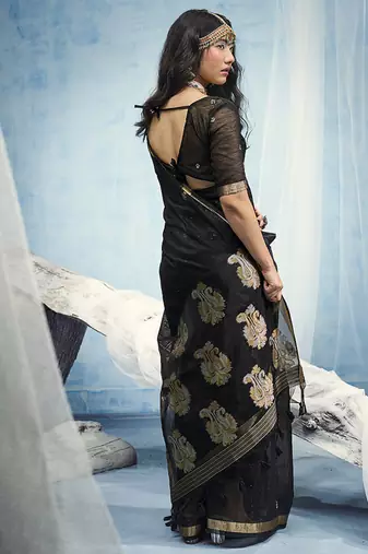 Black linen silk blend saree with gold zari border & floral woven pallu
