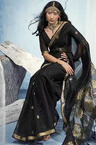 Black linen silk blend saree with gold zari border & floral woven pallu