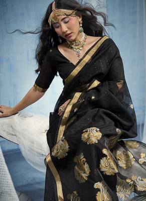 Black linen silk blend saree with gold zari border & floral woven pallu 4