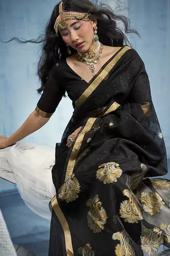 Black linen silk blend saree with gold zari border & floral woven pallu