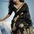 Black linen silk blend saree with gold zari border & floral woven pallu