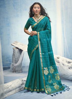Teal blue linen silk blend saree with gold zari border & floral woven pallu 1
