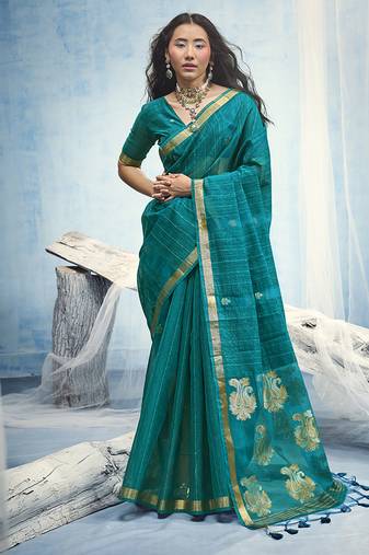Teal blue linen silk blend saree with gold zari border & floral woven pallu