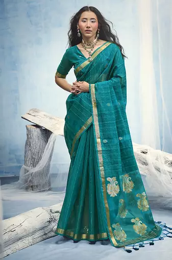 Teal blue linen silk blend saree with gold zari border & floral woven pallu